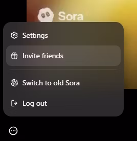 Settings → Invite friends から招待コードを確認 Sora 2 設定画面(Settings → Invite friends)